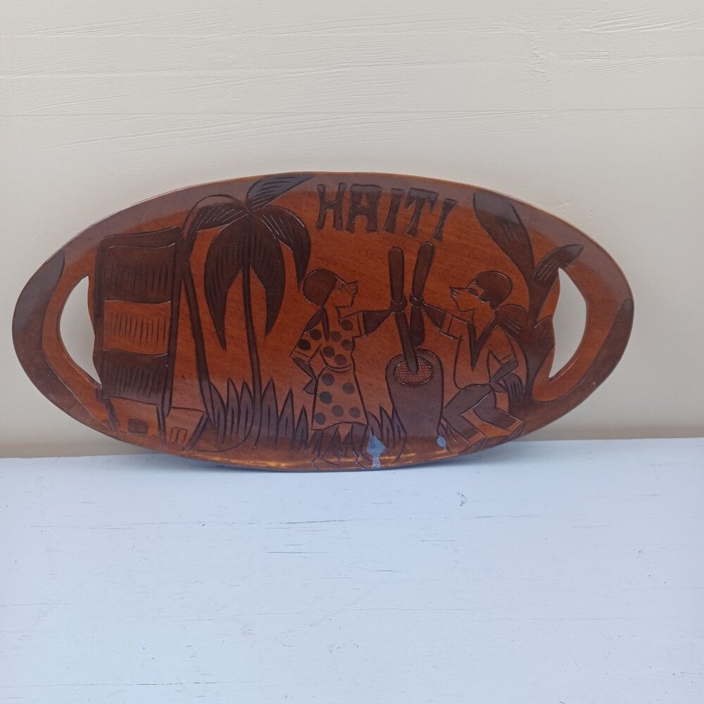 Hand-Carved Haiti Wooden Serving Tray With Dual Handles Hand Carved